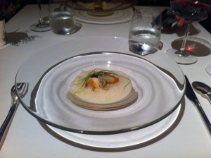 Scallop and prawn with a shellfish foam